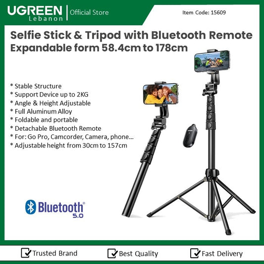 Ugreen, Dual Function Selfie Stick & Tripod With Bluetooth Remote, Expandable Form 58.4Cm To 178Cm Ugreen Lp680 - 15609