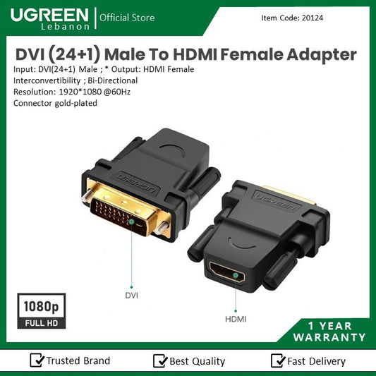 Ugreen, Dvi (24+1) Male To Hdmi Female Adapter, Full Hd Resolution Ugreen 20124