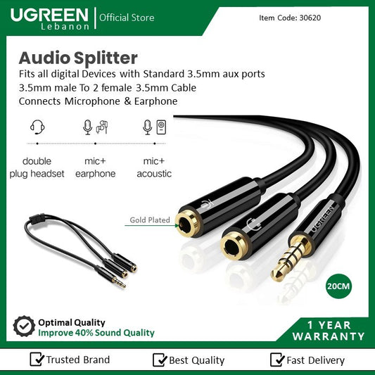 Ugreen, Audio Cable Splitter 3.5Mm Male To 2 Female 3.5Mm Braid, Connects Audio + Mic At The Same Time Ugreen Av141 - 30620
