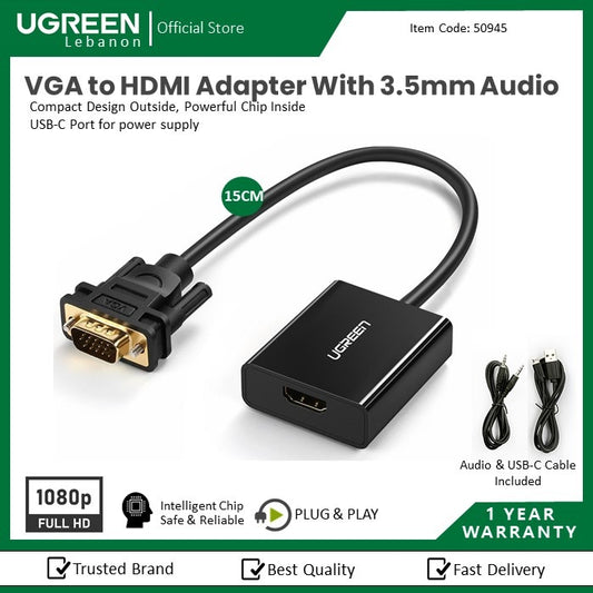 Ugreen, Vga To Hdmi Adapter Cable With 3.5Mm Audio Full Hd And Usb-C Power Port Ugreen Cm513 - 50945
