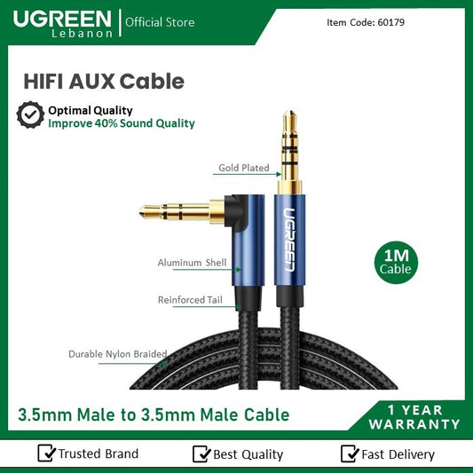 Ugreen, Hifi Aux Cable, 3.5Mm Male To 3.5Mm Male Braided Cable, Gold Plated, Metal Case, 1M