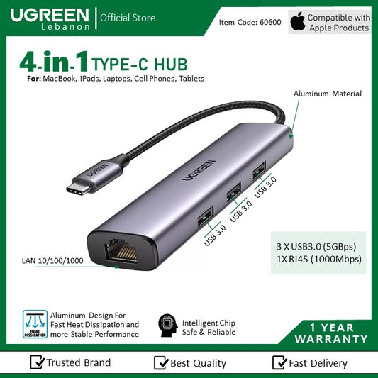 Ugreen, 4-In-1 Usb-C Hub Adapter (3*Usb3.0 + Usb-C Pd100W) Ugreen Cm475 - 60600
