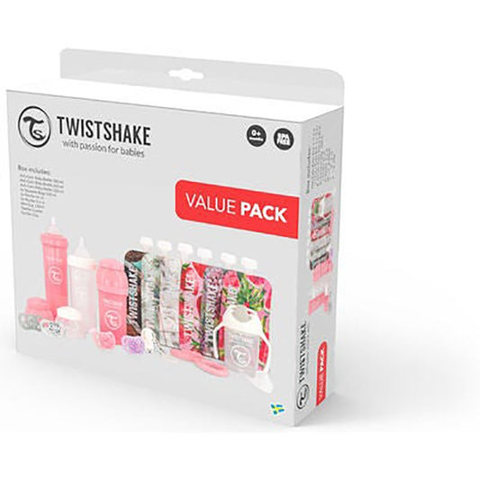 Twistshake, Bottle Bundle for Girls (Pink/Purple/White) promo pack. Anti-Colic Baby Bottle 180 mL, Anti-colic Baby Bottle 260 mL, Anti-colic Baby Bottle 330mL, 6x Squeeze Bags 220 mL, 2x Pacifier 6+ m, 2x Pacifier 0-6m, Mini Cup 230 mL, Teether Cooler, Pa