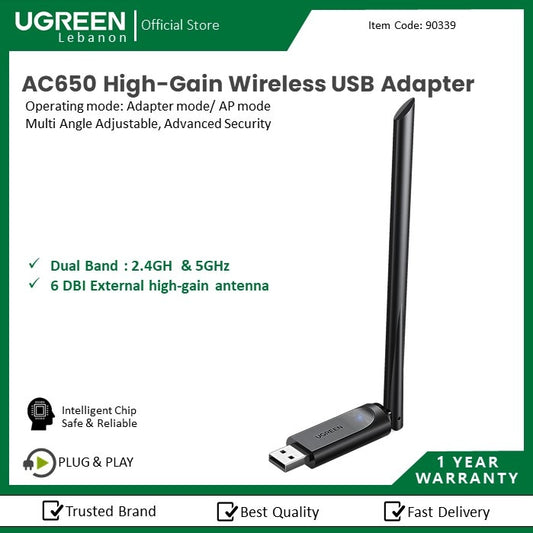 Ugreen, AC650 High-Gain Dual Band Wireless USB Adapter Ugreen Cm496 - 90339