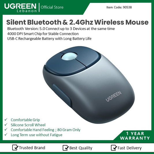 Ugreen, 4000 Dpi, Silent Bluetooth & Wireless Mouse, Built-In Rechargeable Battery Ugreen Mu102 - 90538 (Blue)