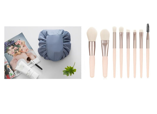 Drawstring Foldable Makeup Bag Ocean Blue & Mini Brush Set