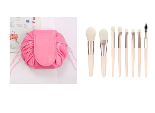 Drawstring Foldable Makeup Bag Pink & Mini Brush Set