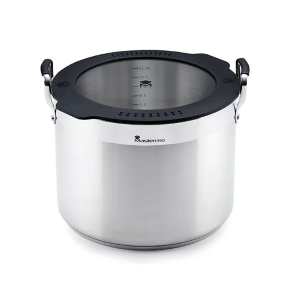 MASTERPRO Casserole 28cm 12.9L, Glass LID With Silicone Rim And Double Drainer, Heat Resistant Handle, Non-Stick Coating, Dishwasher Safe, Stainless Steel, BGEU-3780