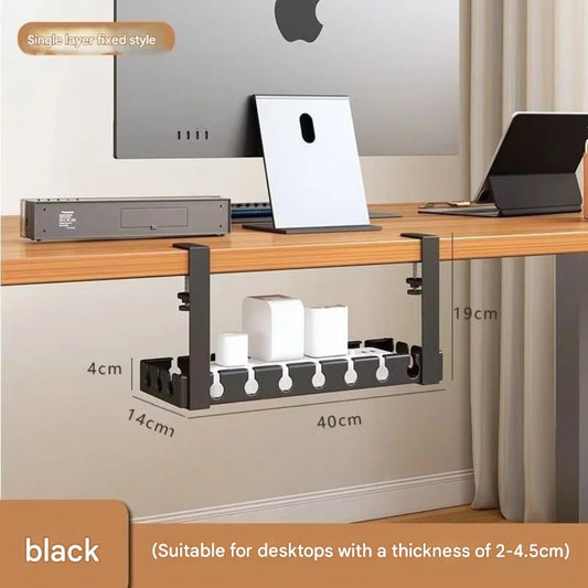 Under‑Desk Cable Management Tray 40×14×4 cm, Clamp‑Mount No‑Drill, Cable & Power Strip Organizer