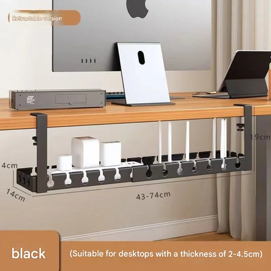 Retractable Under‑Desk Cable Management Tray, Adjustable 43 to 74×14×4 cm, Clamp‑Mount No‑Drill, Cable & Power Strip Organizer