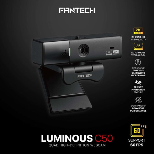 Fantech, C50 Luminos: Professional 2K Quad-Hd Webcam With Auto Focus, Support For 60Fps, Built-In Micro 3D Noise Cancellation