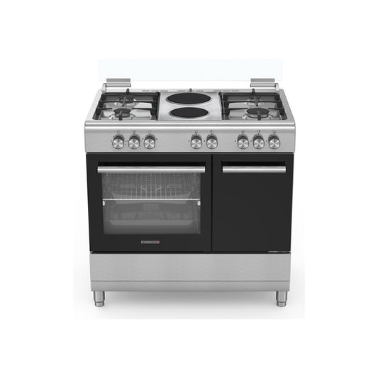 Campomatic Freestanding Cooker 90cm, 2 Knobs, Gas Oven + Electric Grill, 3Gas+1TB+2Electric Plates, Thermostat, Oven Safety, Full Ignition, Slide Out Inner Door, CB942X