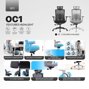 Fantech, OC1 Ergonomic Chair | 4D Headrest, Adjustable Lumbar, 3D Armrests Black, CHAIR D57