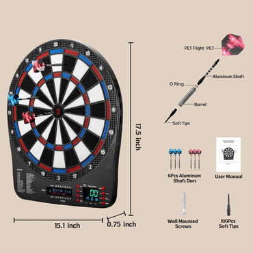 Electronic Dart Board, Digital Dartboard Soft Tip, 32 Games and 359 Variants with Colorful Cricket Display, 100 Soft Tips, Dart-6679
