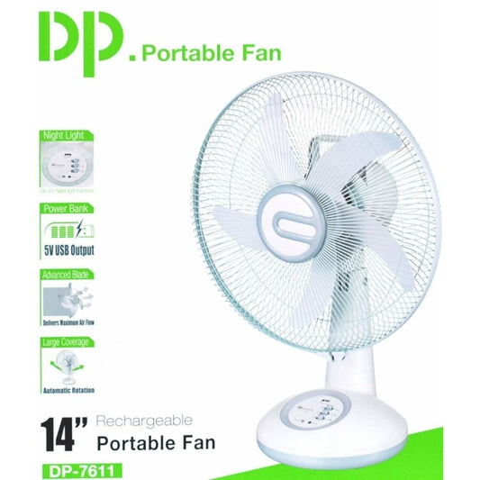 DP, Up to 10 Hours On Battery, Rechargeable Table Fan, Led Light, Built-in USB charger