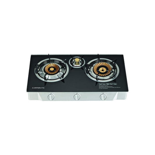 Campomatic Gas Cooker, (2 Double + 1 Single), Black Tempered Glass Top Panel, Auto Ignition With Japanese Piezo, Enamel Pan Support, Stainless Steel Body, GC300BG