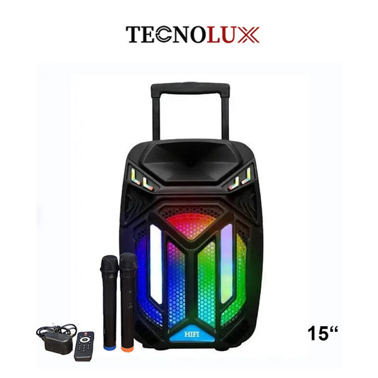 Technolux, Karaoke Speaker 15'Bass*1+Tweeter*1 High Power Speaker With 2 Wireless Microphones & Colored Lights Hs-1586