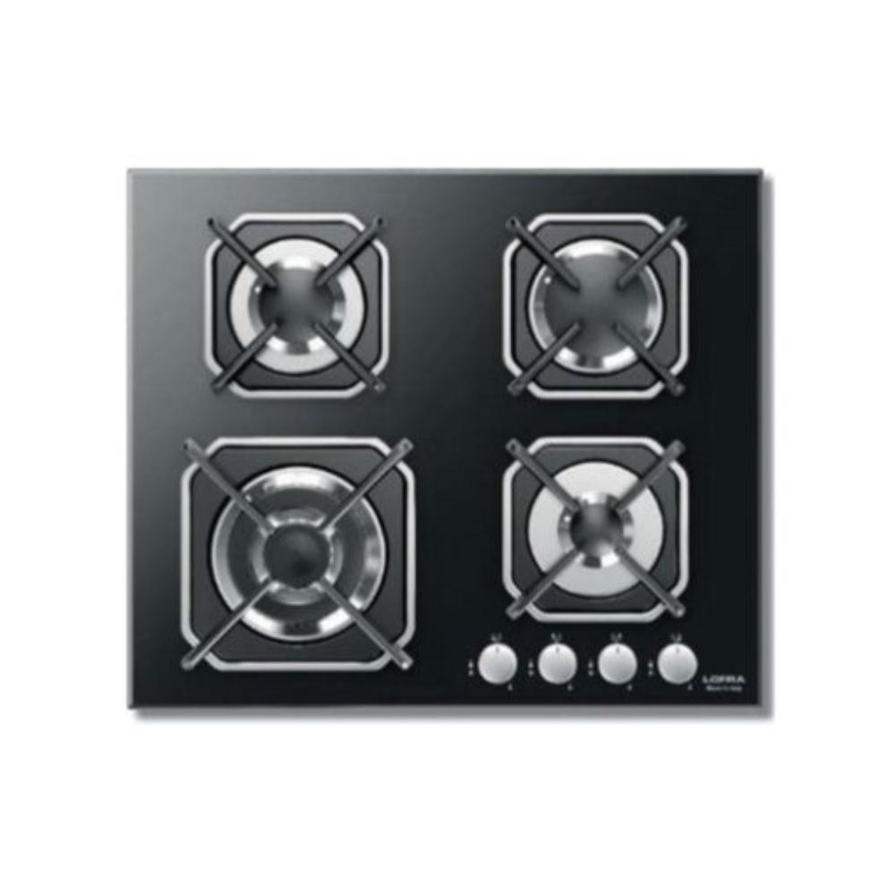 Lofra Gas Hob 60Cm Gas On Glass, Flat Edge , 4 Gas Burners, 1 Triple Crown, Thickness 0.7Mm, Stainless Steel , Knob Ignition , Gas Stop Safety Device, Black, LOF-HGN6G0