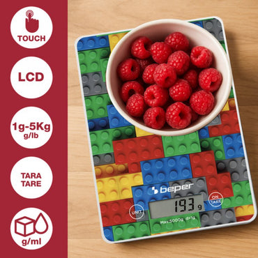 Beper Digital Kitchen Scale Tempered Glass Top Tare Function Lcd Touch Display Accuracy 1G - 5Kg Hanging Battery Included Coloured Stones, P102BIL005