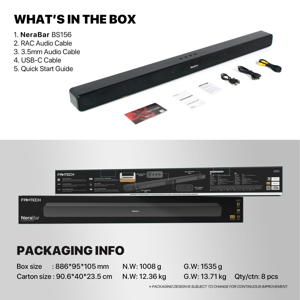 FANTECH BS156 NeraBar 10W Stereo Soundbar, Wireless Bluetooth 5.4, AUX, USB, TF, Coaxial, Deep Bass & Built-in Battery