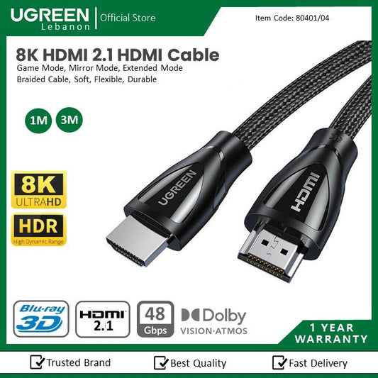 Ugreen, 8K Hdmi 2.1 Braided Cable 1M Hd140 - 80401