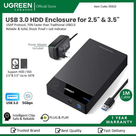 Ugreen, USB 3.0 Hdd Enclosure For 2.5 Inch & 3.5 Inch With Power Adapter