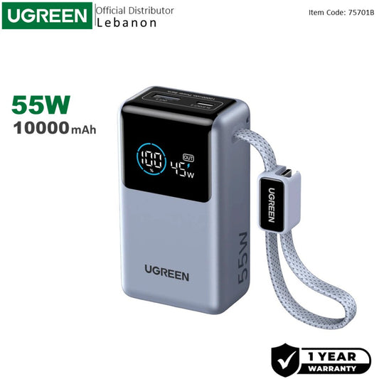 UGREEN 55W Power Bank 10000mAh, Built-in USB-C Cable, ultra Fast Charging with Smart Display & 3 Port Charging - PB727 75701B