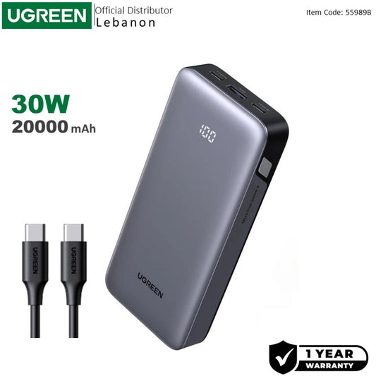 UGREEN 20000mAh 30W Power Bank, Dual Ports, LED Display, Trickle Charging & Multi-Protection Safety - PB532 55989B
