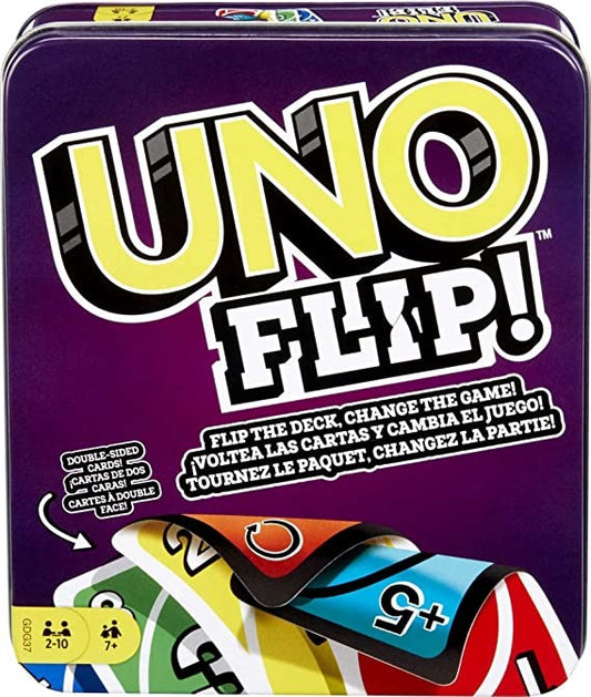UNO FLIP! Family Card Game, with 112 Cards in a Sturdy Storage Tin, Makes a Great Gift for 7 Year Olds