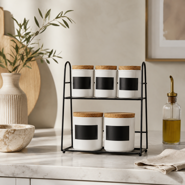 Karaca 5-Piece Porcelain Spice Rack Set with Stand - White & Black, 153.03.06.1892
