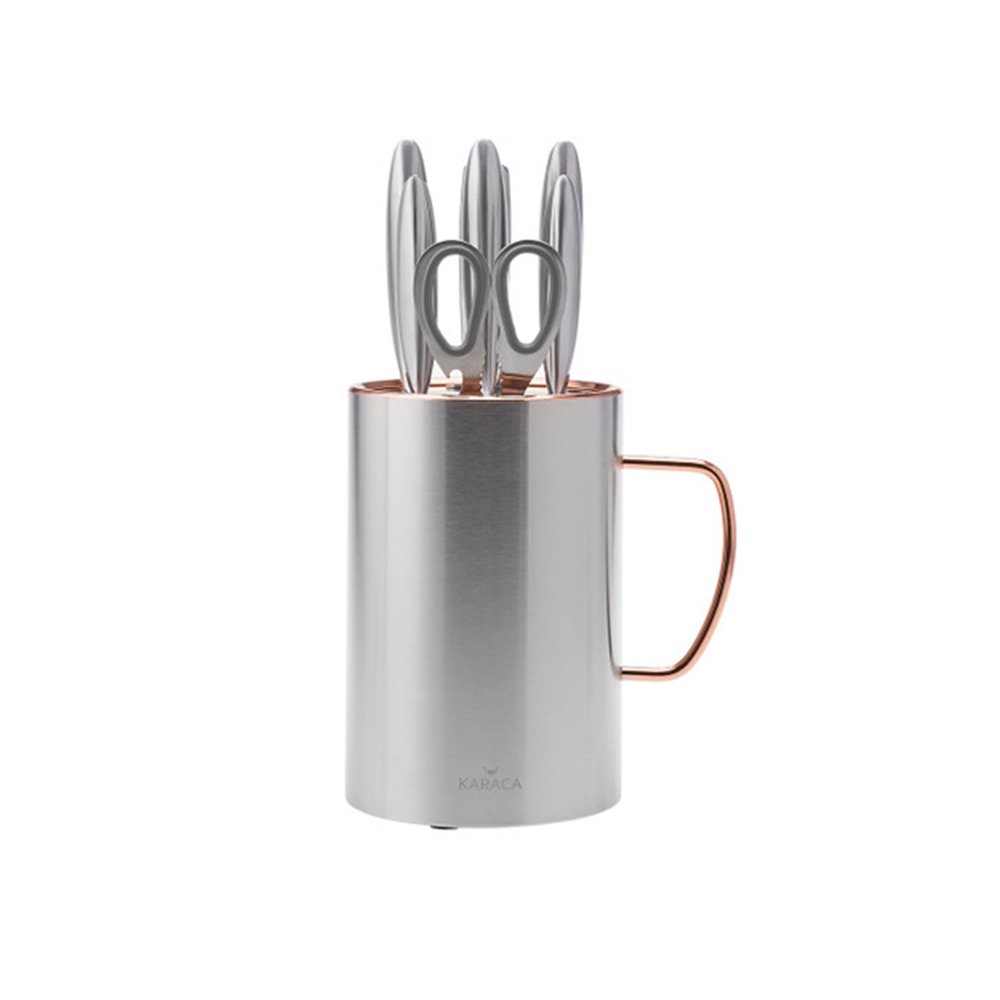 Karaca Meister Barrel 8Pcs Knife Set [20cm Chef Knife - 20cm Slicing Knife - 20cm Bread Knife - 12.5cm Chopping Knife - 8.5cm Paring Knife - Kitchen Scissors - Grinder - Stainless Steel Knife Block], 153.03.06.5070