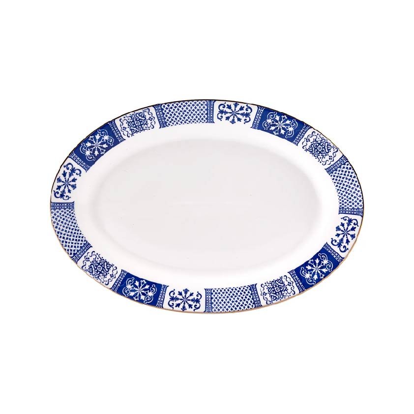 Karaca Oval Ceramic Plate, 30.5cm - White & Blue, 153.03.07.7120