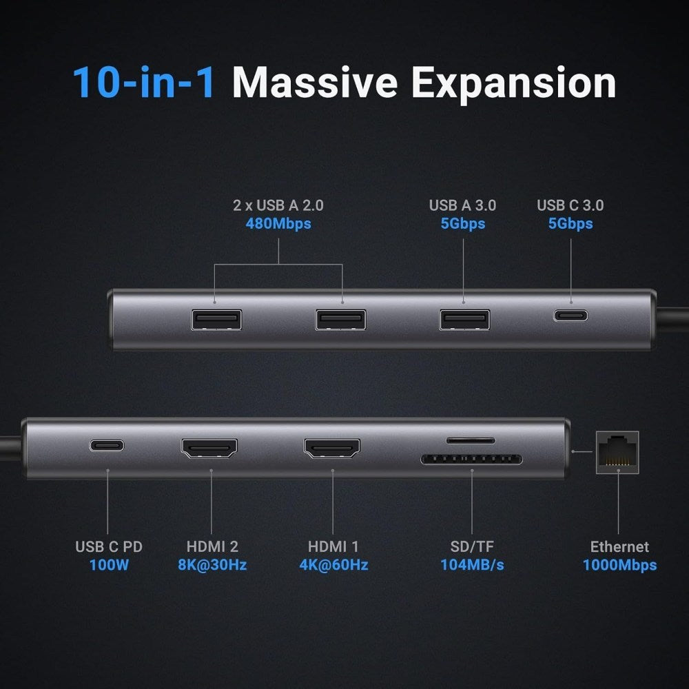 Ugreen, 8K Dual Display 10-In-1 Usb-C Hub Docking Station Adapter (With Power Delivery) Ugreen Cm639 - 15534