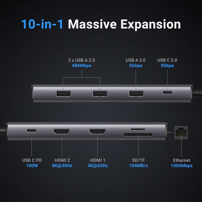 Ugreen, 8K Dual Display 10-In-1 Usb-C Hub Docking Station Adapter (With Power Delivery) Ugreen Cm639 - 15534