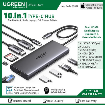 Ugreen, 8K Dual Display 10-In-1 Usb-C Hub Docking Station Adapter (With Power Delivery) Ugreen Cm639 - 15534