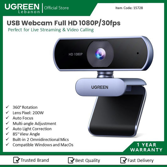 Ugreen, Full Hd 30Fps Webcam With Micro, Auto Light Correction, 85 View Angle, Ugreen Cm678 - 15728