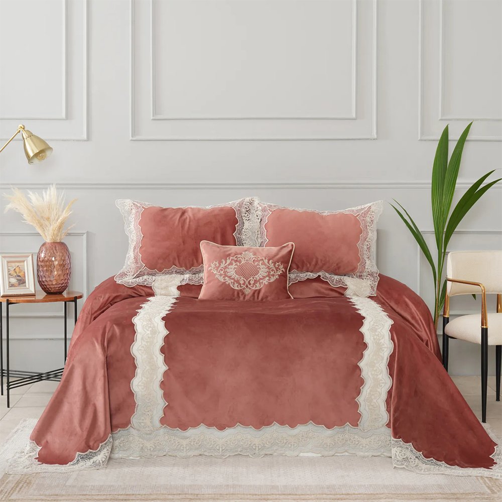 Karaca Home Mathilda 4-Piece Dusty Rose French Lace Dowry Bedspread Set, 200.21.01.0143
