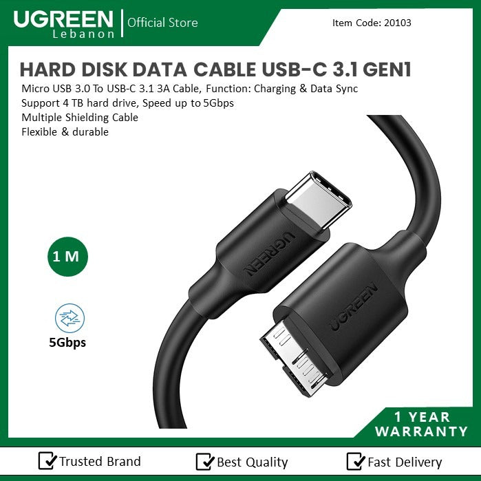 Ugreen, Hard Disk Data Cable: Micro Usb 3.0 To Usb-C 3.1 3A Cable Ugreen Us312 - 20103