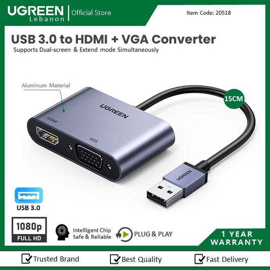 Ugreen, Usb 3.0 To Hdmi + Vga Converter, Full Hd