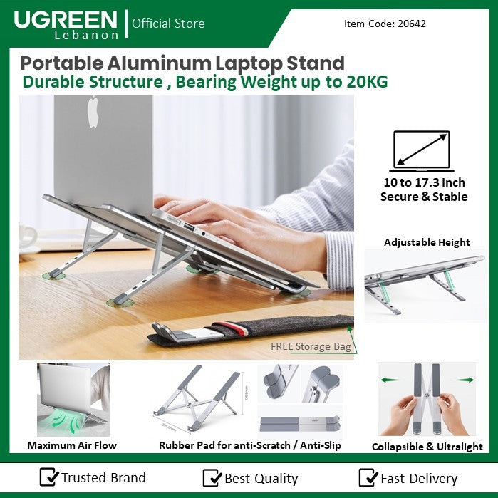 Ugreen, Aluminum Laptop Stand Riser, Multiangle, Adjustable, Foldable & Ergonomic Design + Free Pocket