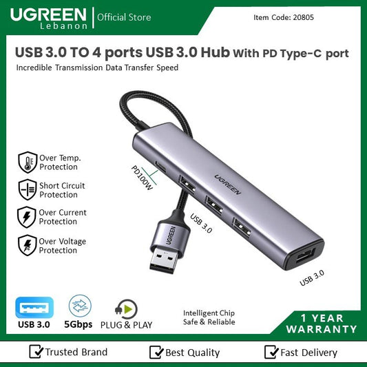 Ugreen, Usb 3.0 To 4 Ports Usb 3.0 Hub With Pd Type-C Port Ugreen Cm473 - 20805