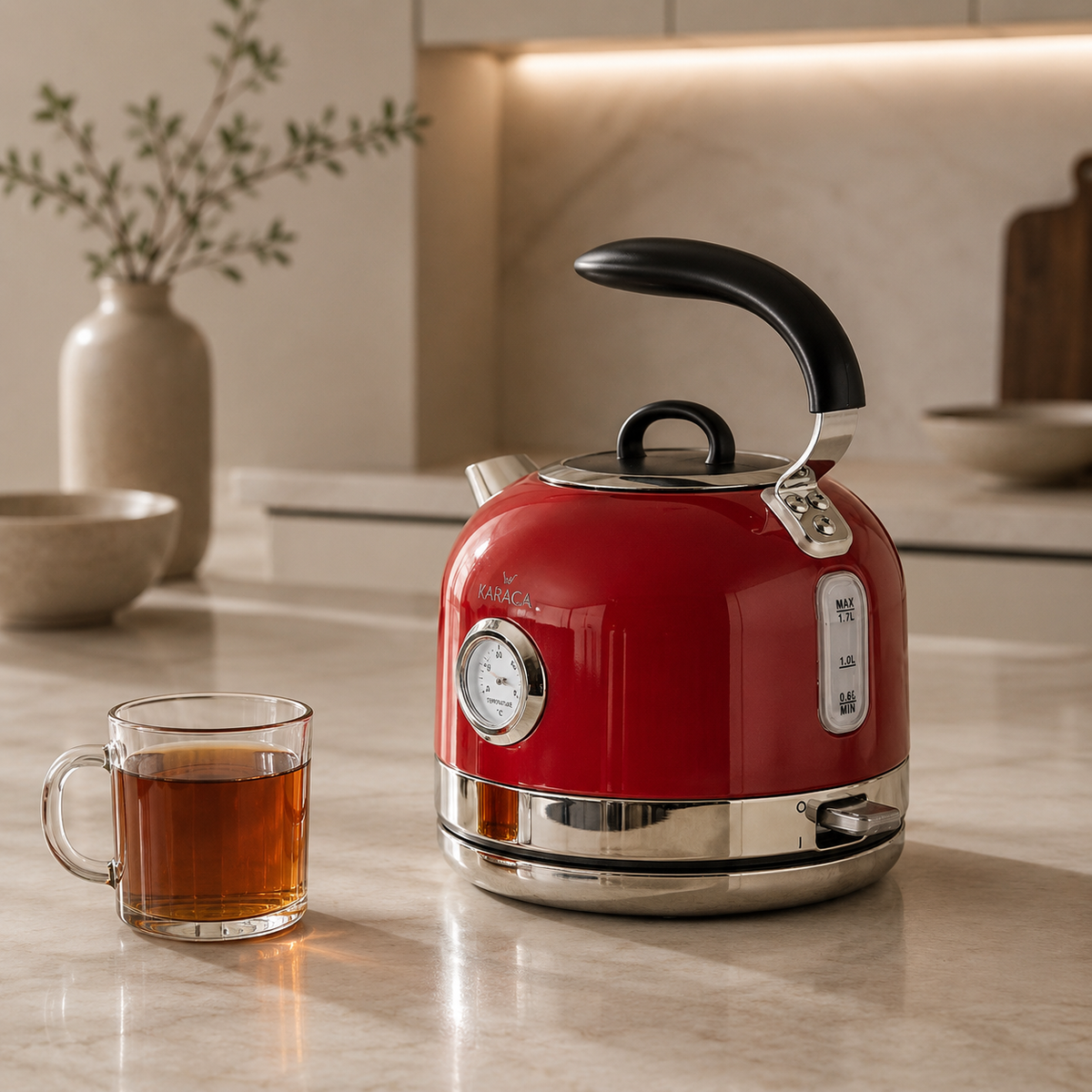 Karaca Retro Red Kettle 1.7 L, Quick Boil with LED Indicator, 153.03.06.2559