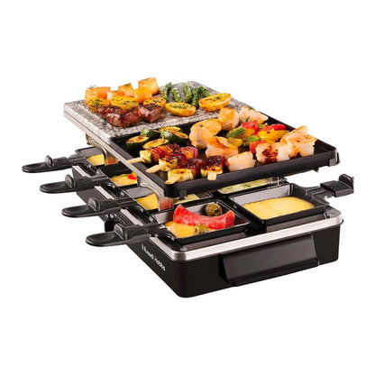 Russell Hobbs Raclette 3 In 1, Natural Stone Grill, 8 Square Pans, 8 Wooden Scrapers 1400W, Dishwasher Safe [Black], 26280-56