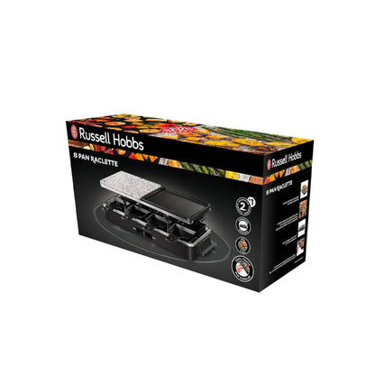 Russell Hobbs Raclette 3 In 1, Natural Stone Grill, 8 Square Pans, 8 Wooden Scrapers 1400W, Dishwasher Safe [Black], 26280-56