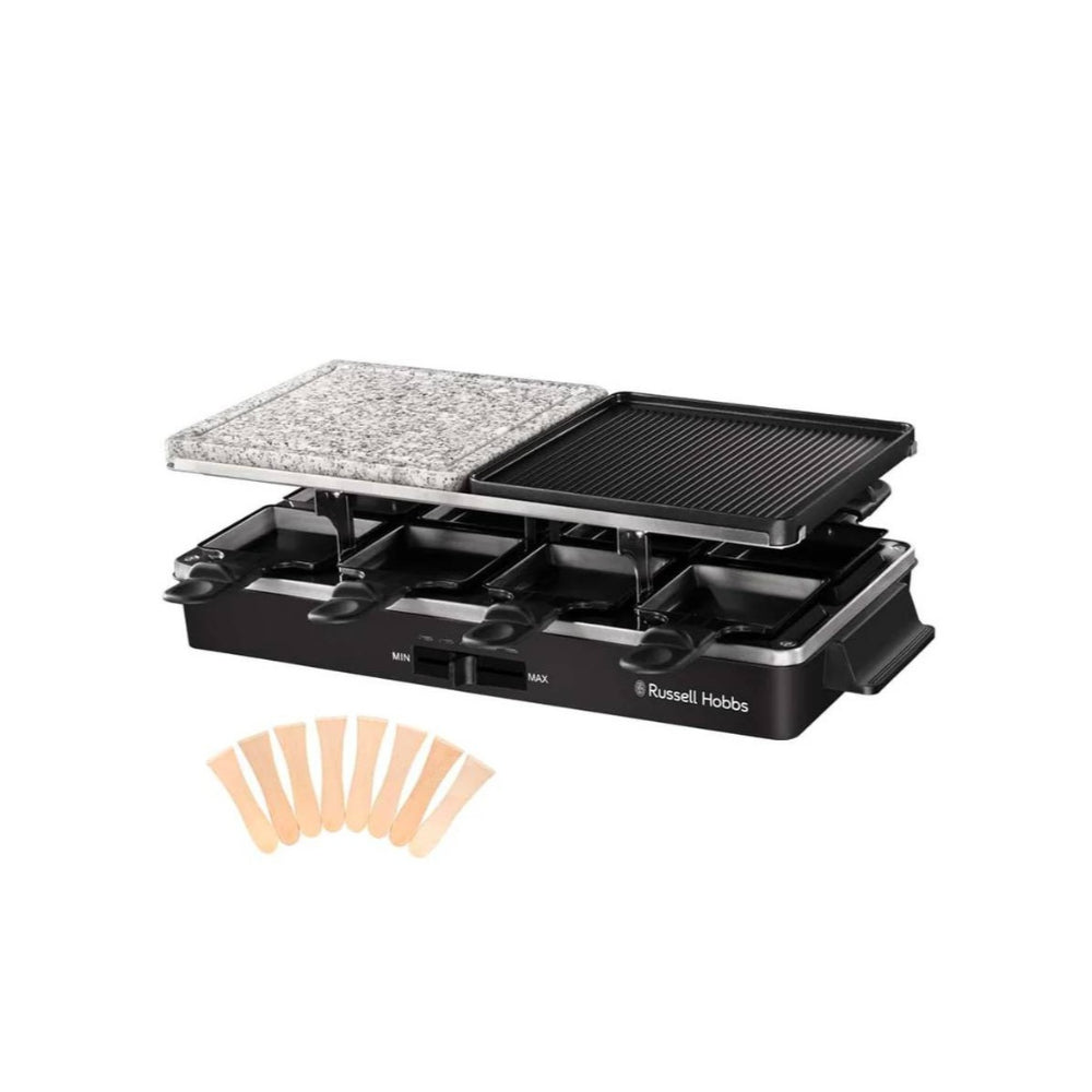 Russell Hobbs Raclette 3 In 1, Natural Stone Grill, 8 Square Pans, 8 Wooden Scrapers 1400W, Dishwasher Safe [Black], 26280-56