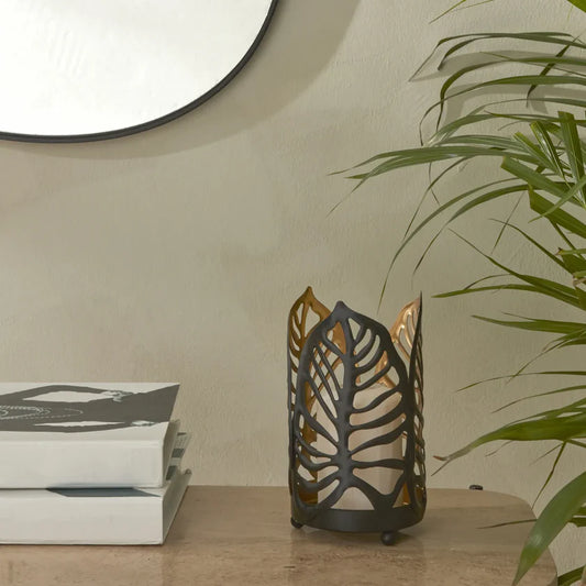 Karaca Home Timber Candle Holder - Black Leaf Design, 300.23.01.0323