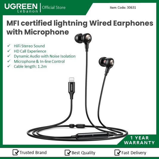 Ugreen, Mfi Certified Lightning Wired Earphones With Microphone, Noise Isolation, Powerful Bass Ugreen Ep103-30631