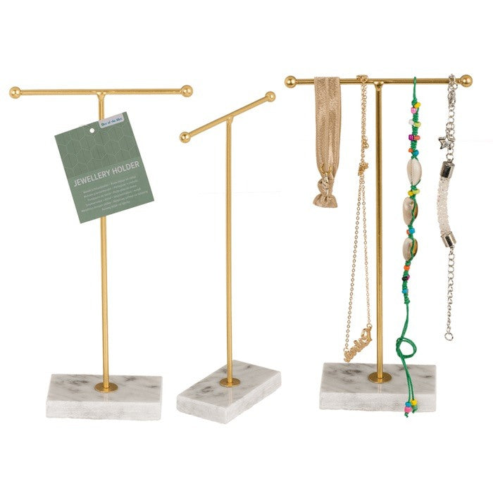 Out Of The Blue, Golden Metal Jewellery Holder T-Bar With Marble Stand 12 X 5 X 23 Cm #?144419 Gold