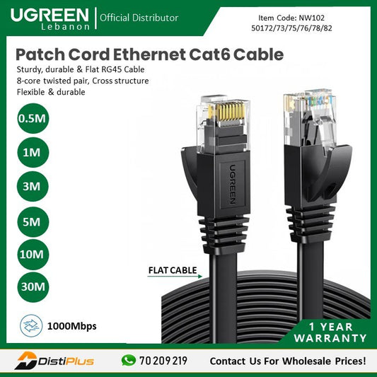 Ugreen, Rg45 Patch Cord Ethernet Cat6 Cable, Sturdy, Durable & Flat Design Ugreen Nw102 - 50172 - 50173 - 50175 - 50176 - 50182