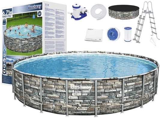 Best way, Power Steel Pool Set with Filter Pump + Accessories, Stone round 6.71 m x 1.32 m
